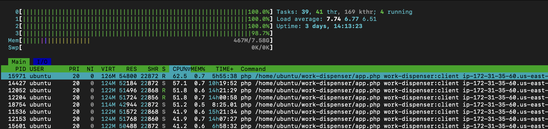 A server monitoring dashboard observing several client workers. 